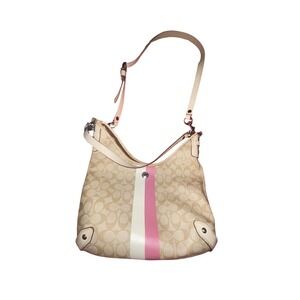 Coach Chelsea Signature Stripe Heritage Hobo Shoulder Bag Beige Pink White